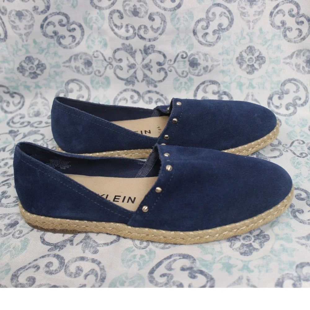 ANNE KLEIN Navy Blue Suede Espadrille Flats‎ Studded Detail Slip On Shoes 8M
